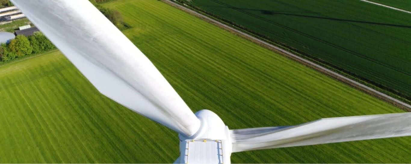 Ariel view of fields and wind turbines