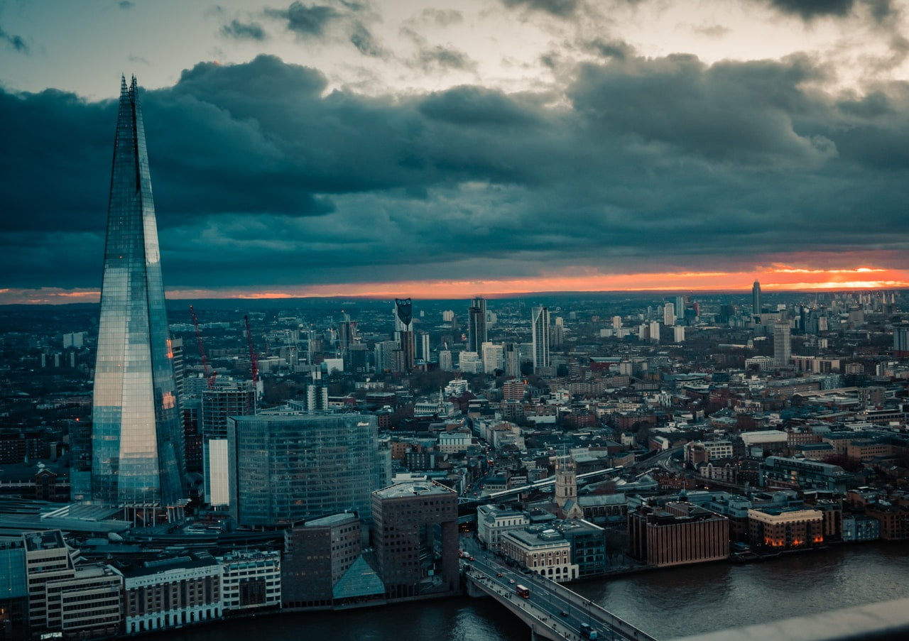 London ariel view of buildings and shard