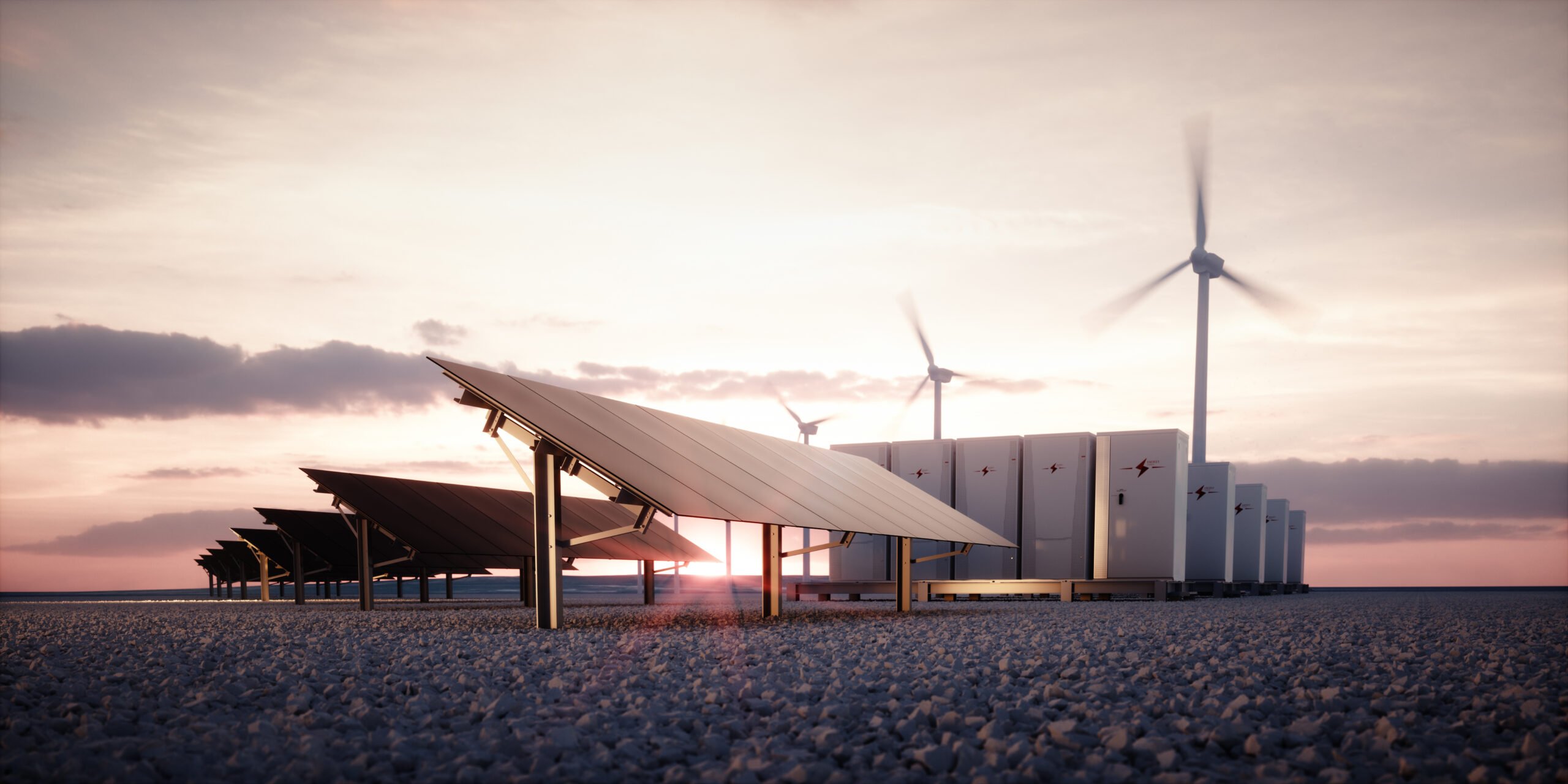 Solar panels and wind turbines in background