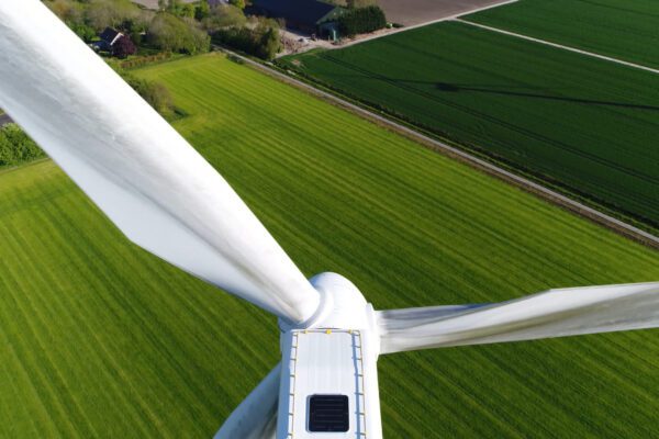 Ariel view of wind turbines and green fields