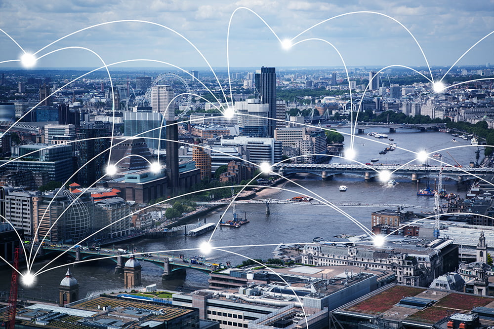 Smart city and connection lines. Internet concept of global business, London, UK