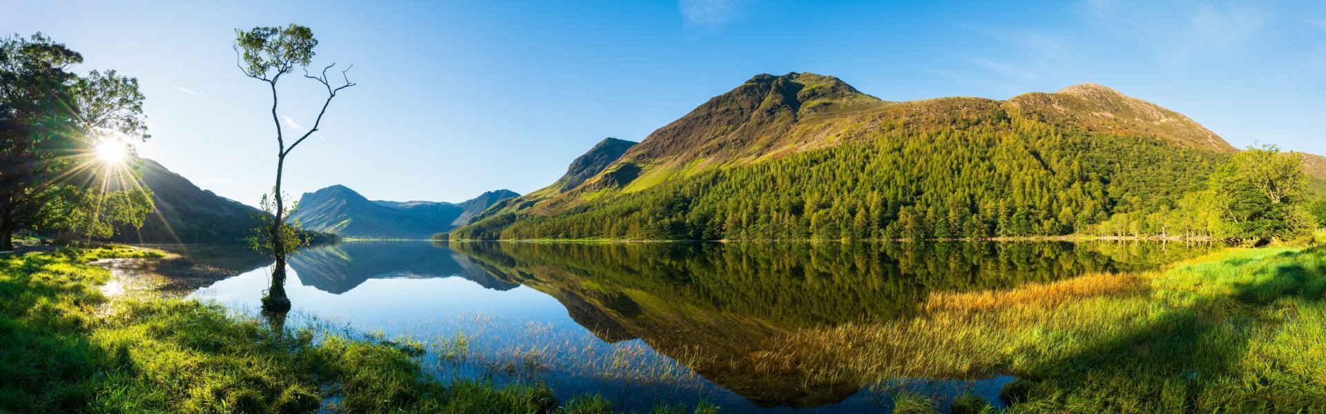 Panoramic view of a countryside lake in Buttermere