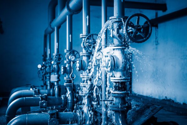 A burst water pipe on an industrial site