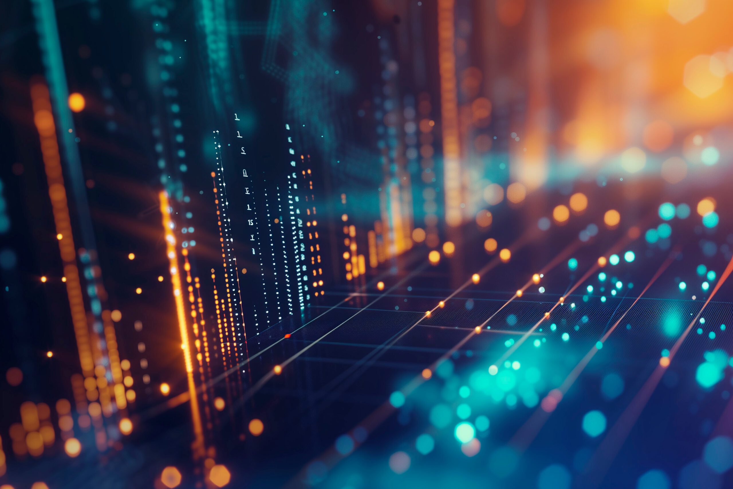 Digital, futuristic matrix with glowing lights