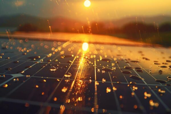 Feature image Raindrops falling on solar panels. (Source: AdobeStock.)
