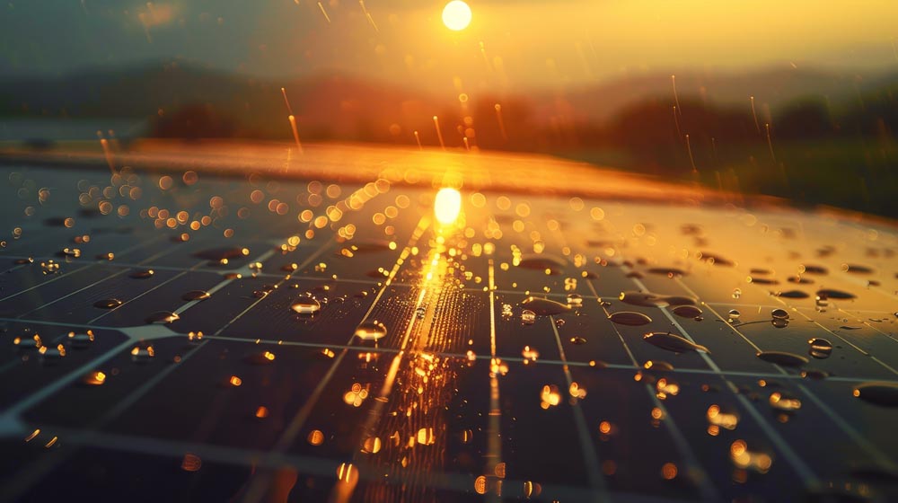 Raindrops falling on solar panels. (Source: AdobeStock.)