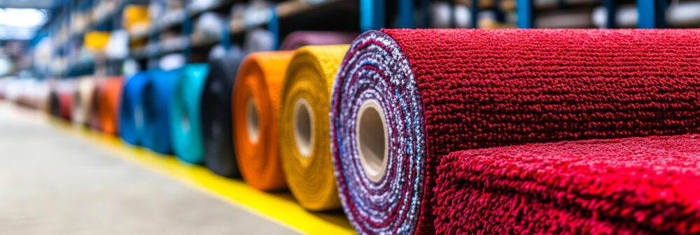 Colorful rolled carpets in warehouse storage, symbolizing home decor, interior design, textile industry, wholesale business, and flooring options