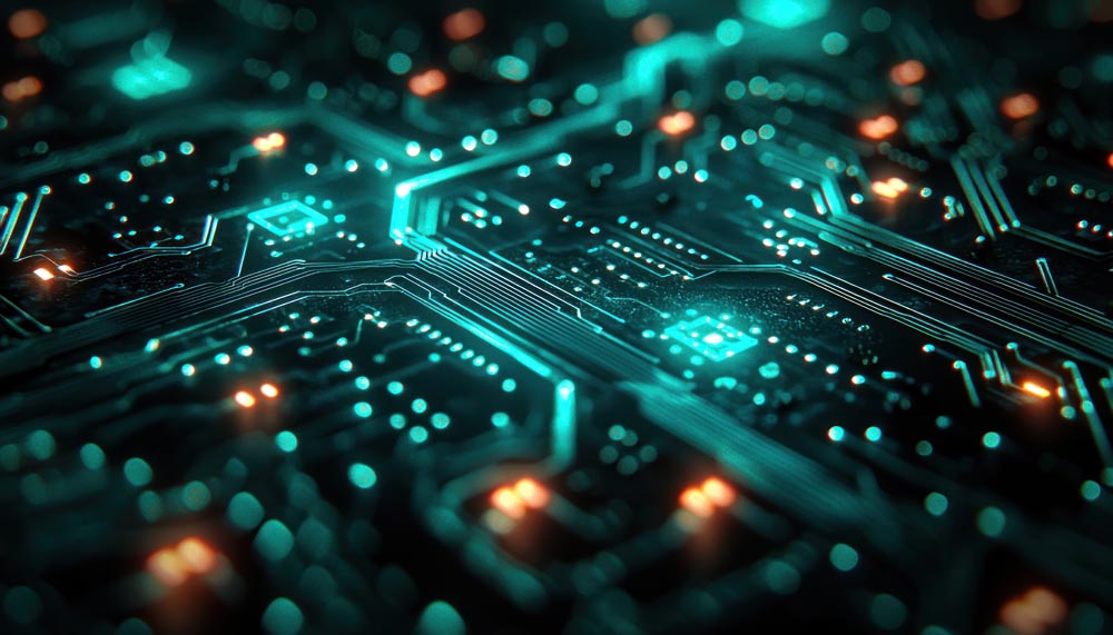 Closeup of circuits with lines of light running along. (Source Adobestock.)