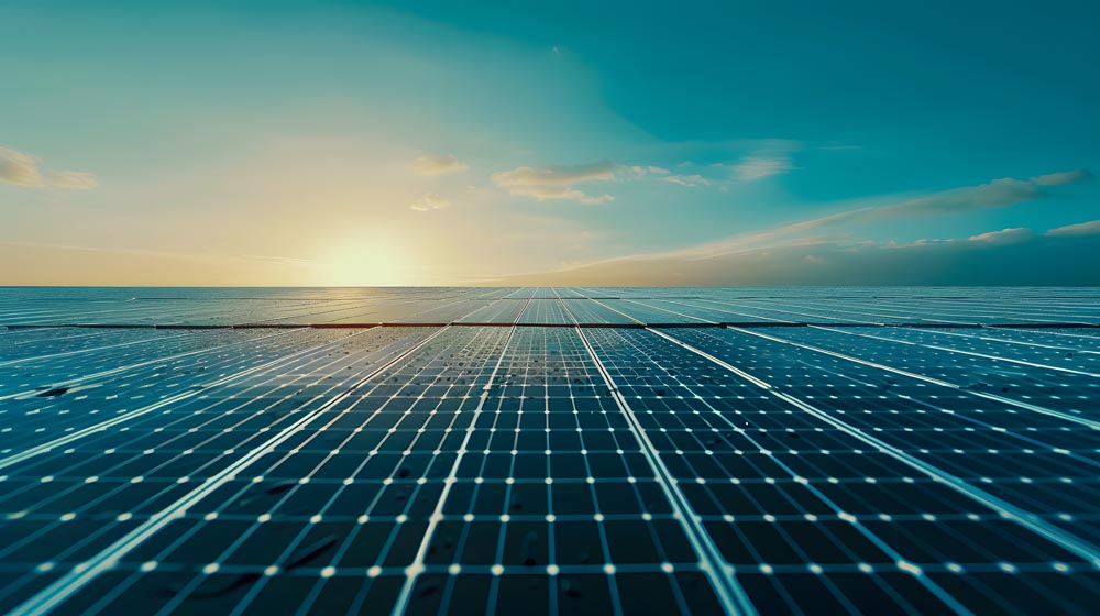 Solar panels, with view tilted towards the horizon. (Source: AdobeStock)