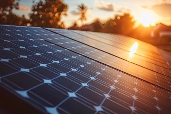 Feature image Solar panels at dusk.