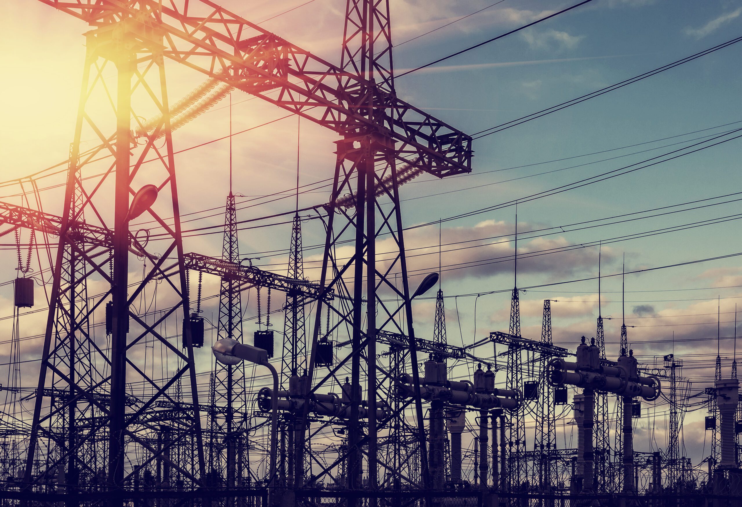 A close up of electricity pylons.