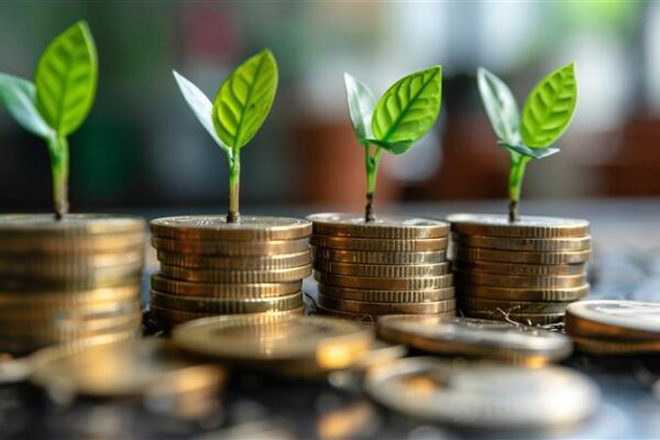 Coins in piles with seeds sprouting from them