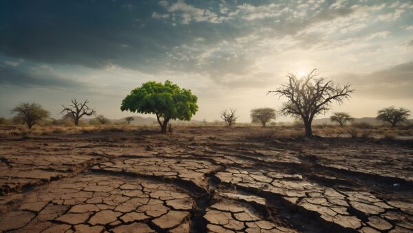 Image for Global Warming and human waste ,Pollution Concept - Sustainability. showing the effect of arid land with tree changing environment, Concept of climate change. Sky background, different weather