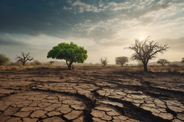 Feature image Global Warming and human waste ,Pollution Concept - Sustainability. showing the effect of arid land with tree changing environment, Concept of climate change. Sky background, different weather