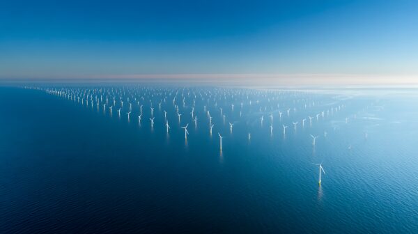 Image for Aerial view of a large offshore wind farm with rows of turbines in the blue ocean water under clear sky
