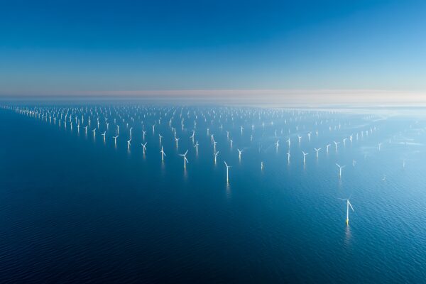 Aerial view of a large offshore wind farm with rows of turbines in the blue ocean water under clear sky