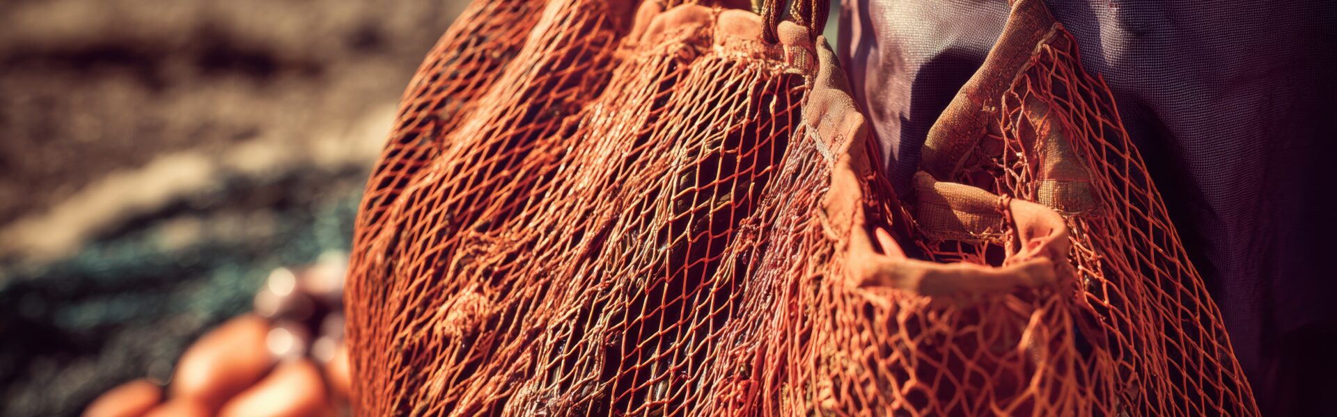 Close up of orange netting bag with food waste and soil in the background