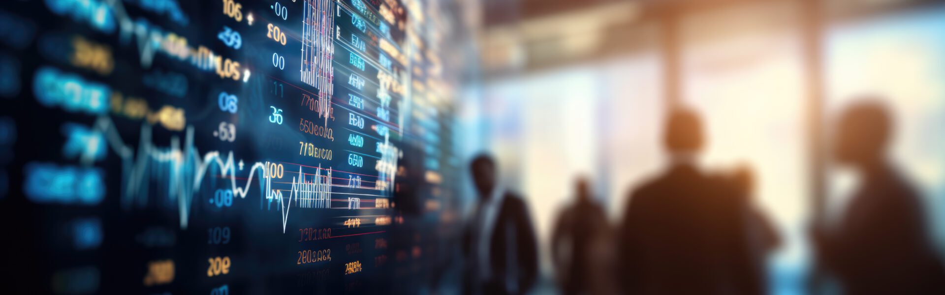 Blurred scene of people in a city looking at a digital stock market display, indicating real-time trading data with glowing numerical values.