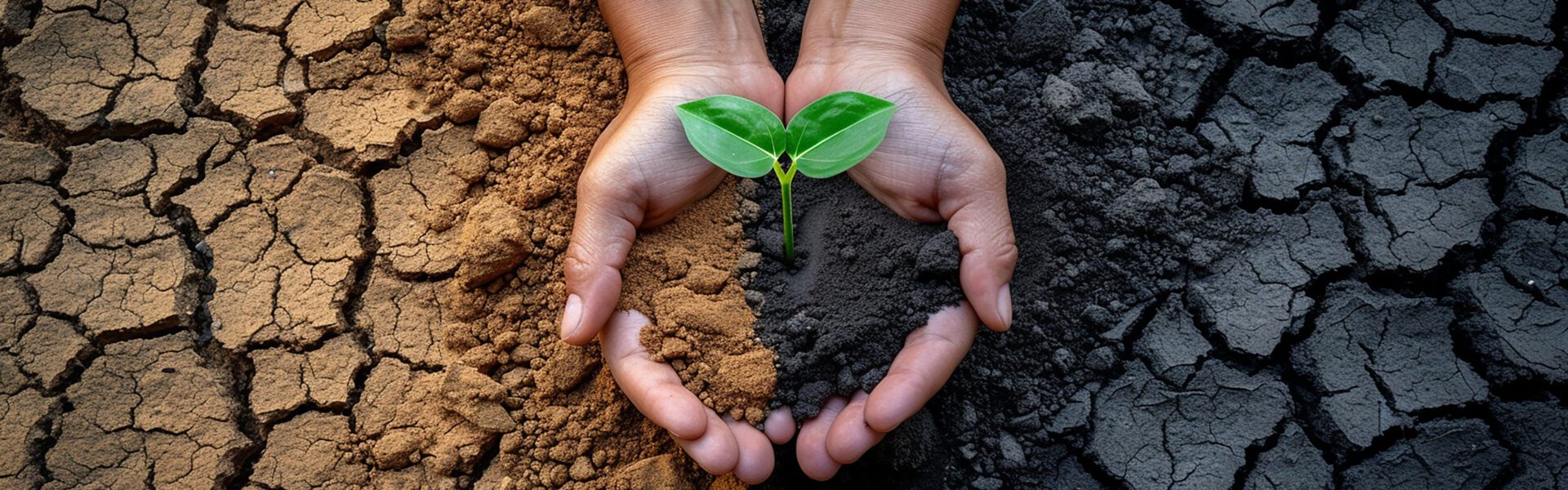 Seed in ground with different soils, cupped in a hand