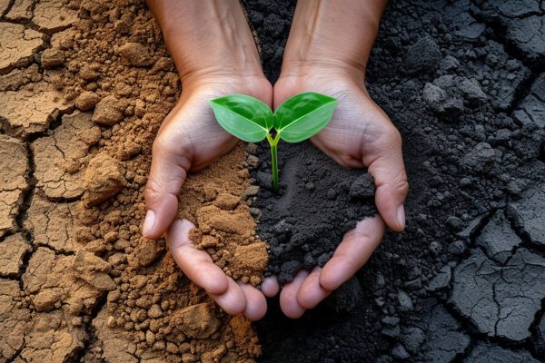 Seed in ground with different soils, cupped in a hand