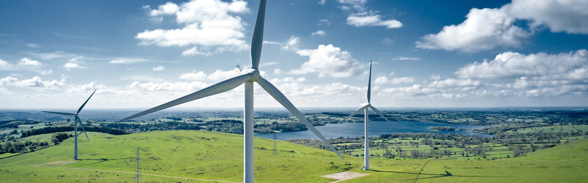 Wind turbines on a field.