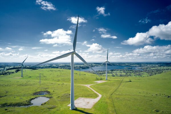 Wind turbines on a field.
