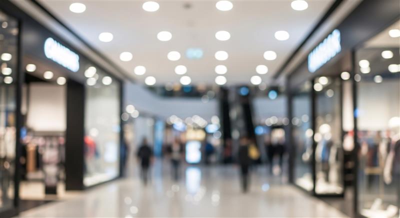 Mall with blurred shop windows. (Source: AbodeStock)
